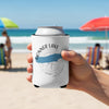 White can koozie with "Donner Lake California" text and a blue lake outline.