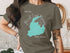 Olive green t-shirt featuring a teal map outline of New Jersey.
