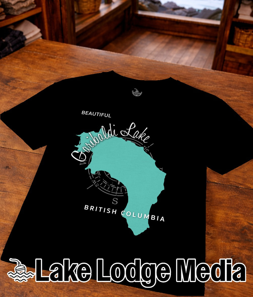Black t-shirt with "Beautiful Cariboo Lake, British Columbia" and compass rose graphic.