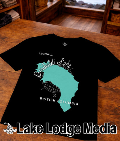 Black t-shirt with "Beautiful Cariboo Lake, British Columbia" and compass rose graphic.