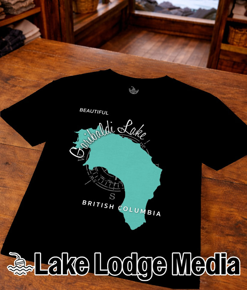 Black t-shirt with "Beautiful Cariboo Lake, British Columbia" and compass rose graphic.