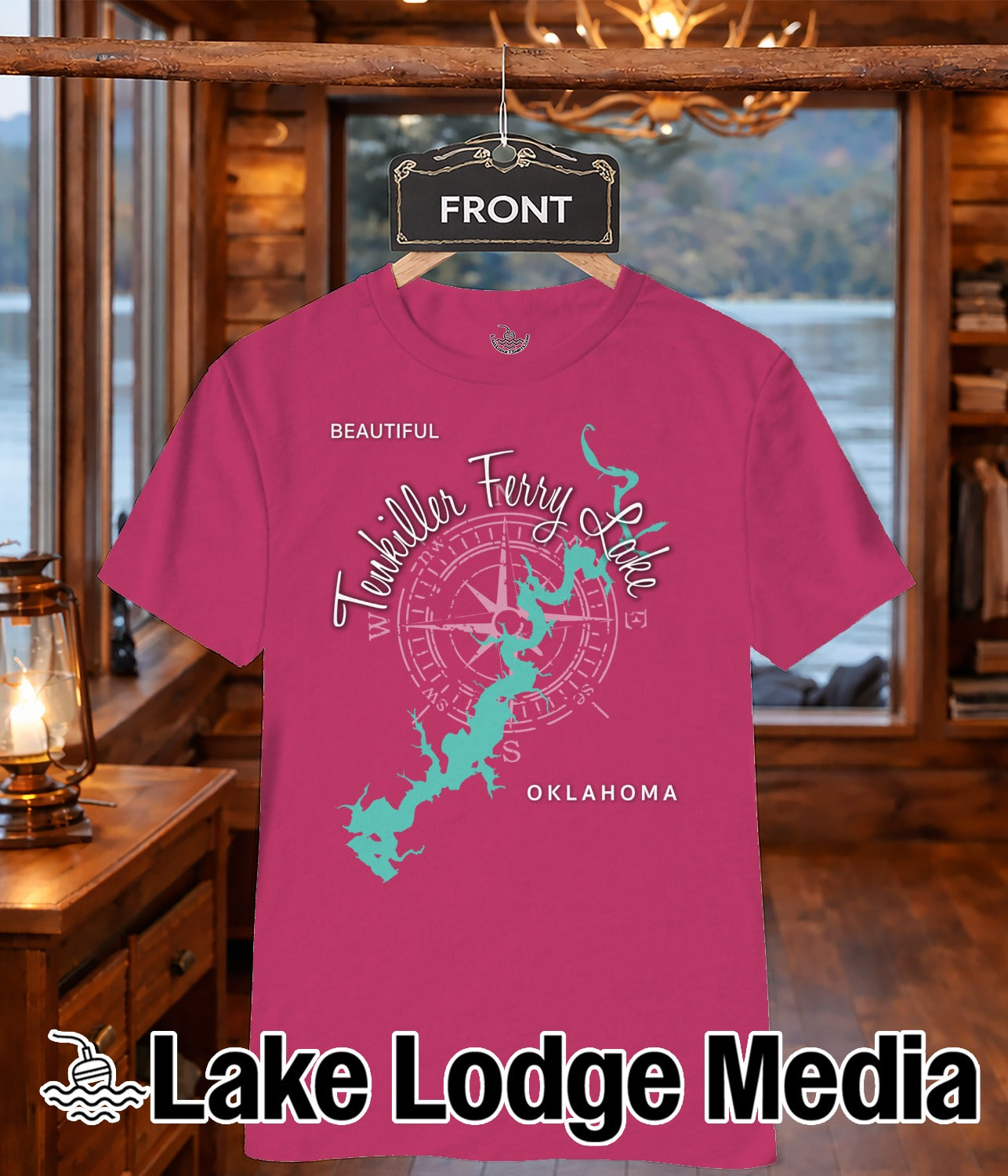 Pink t-shirt with "Tankerville Lake Oklahoma" map and compass design.
