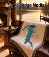 Fringed blanket with teal Lynx Lake shape, compass, and Arizona text.