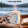 White mug with Lake Houston map and compass, steaming hot, on a cozy window sill.