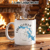 White mug with "Lake Eufaula Oklahoma" and map design, steaming coffee.