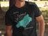Black t-shirt with teal Lake Quinault, Washington map design.