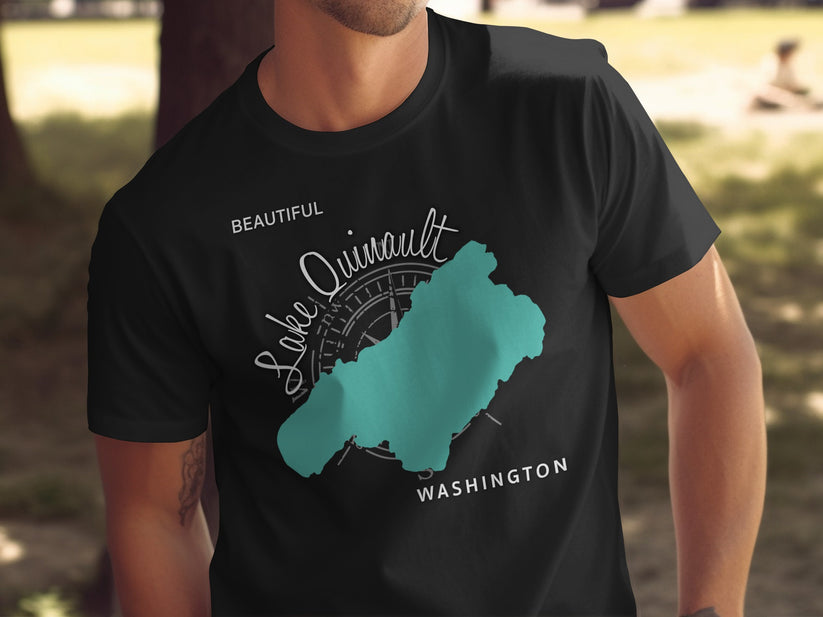 Black t-shirt with teal Lake Quinault, Washington map design.
