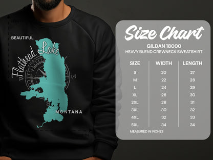 Flathead Lake Montana graphic on crewneck sweatshirt with size chart.