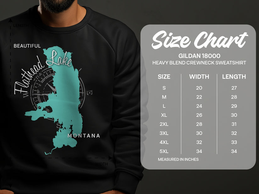 Flathead Lake Montana graphic on crewneck sweatshirt with size chart.
