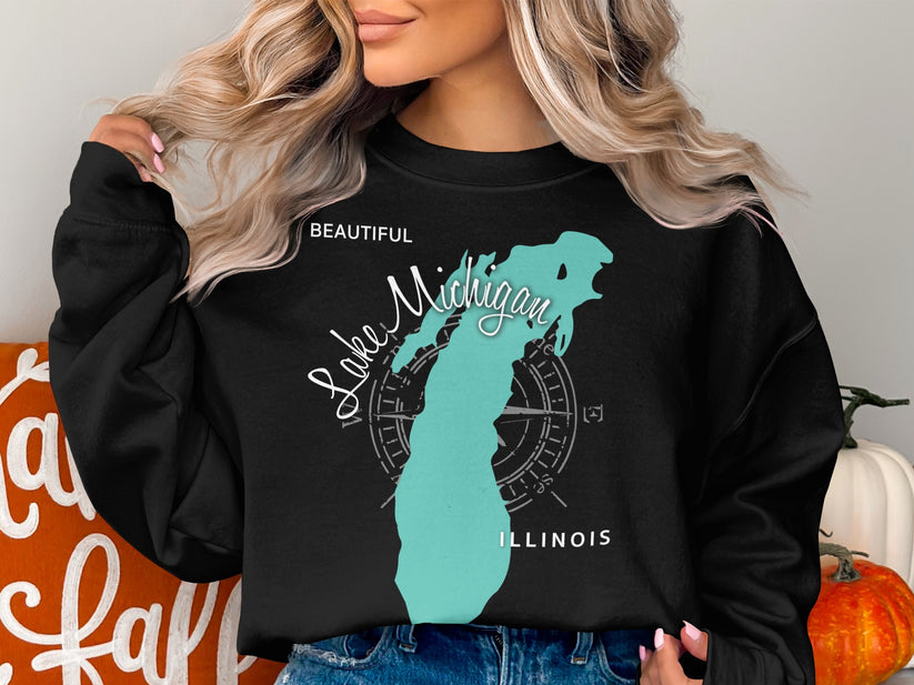 Black sweatshirt with "Lake Michigan Illinois" text and compass rose.