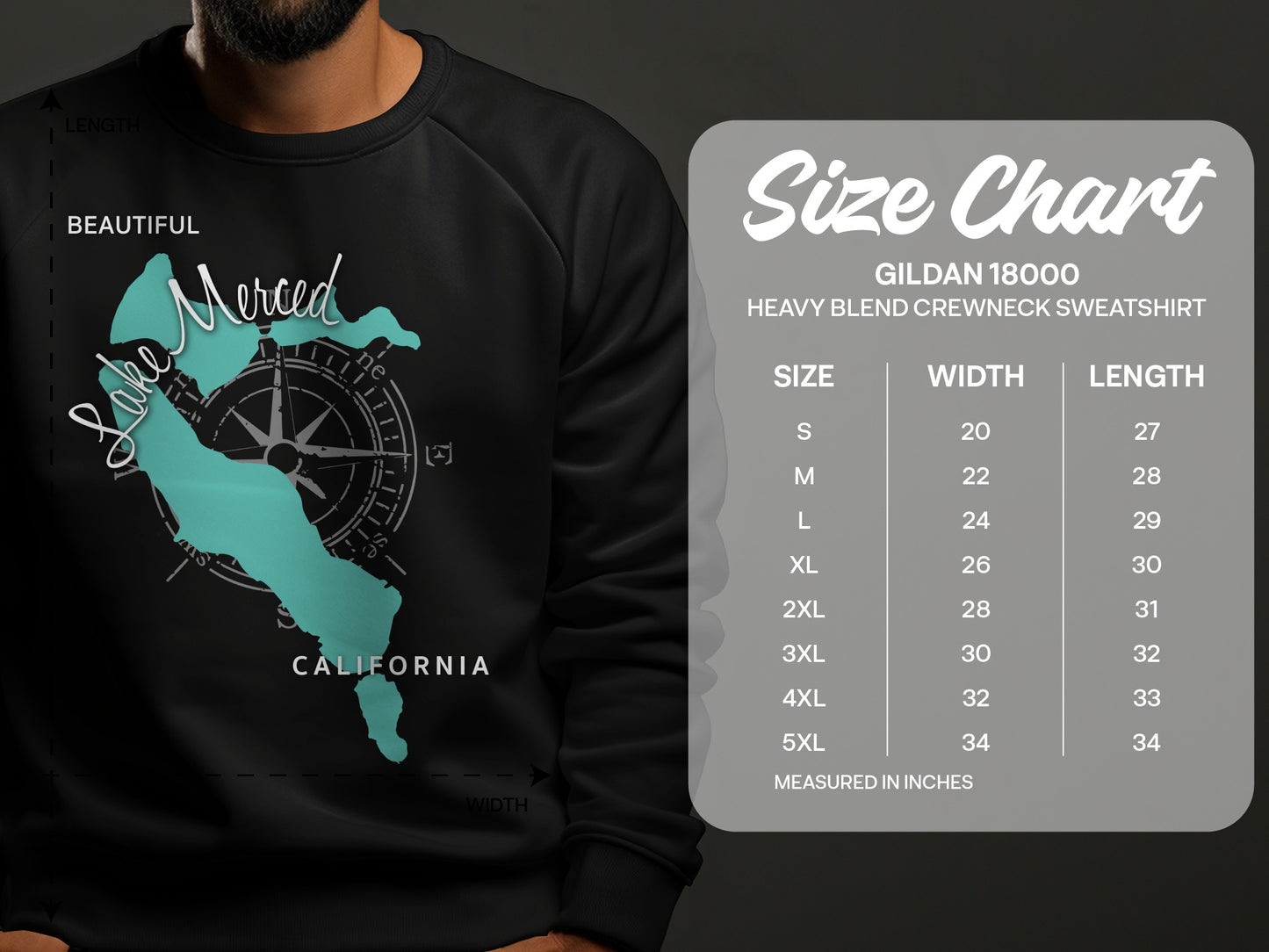 Merced Lake California design on a Gildan 18000 sweatshirt size chart.