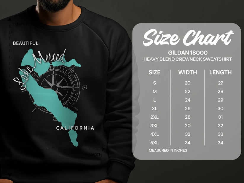 Merced Lake California design on a Gildan 18000 sweatshirt size chart.