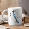 White mug with blue Long Lake map, compass, and "Long Lake Maine" text.
