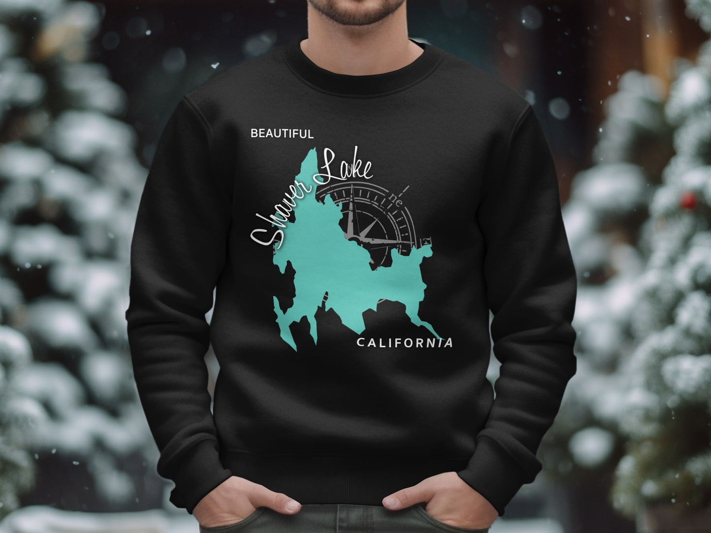 Black sweatshirt with Shaver Lake California map and compass graphic.
