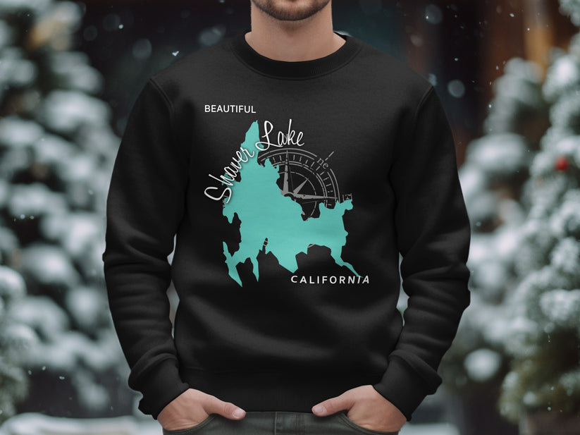 Black sweatshirt with Shaver Lake California map and compass graphic.