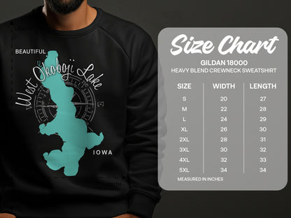 Black sweatshirt with West Okoboji Lake graphic and size chart.