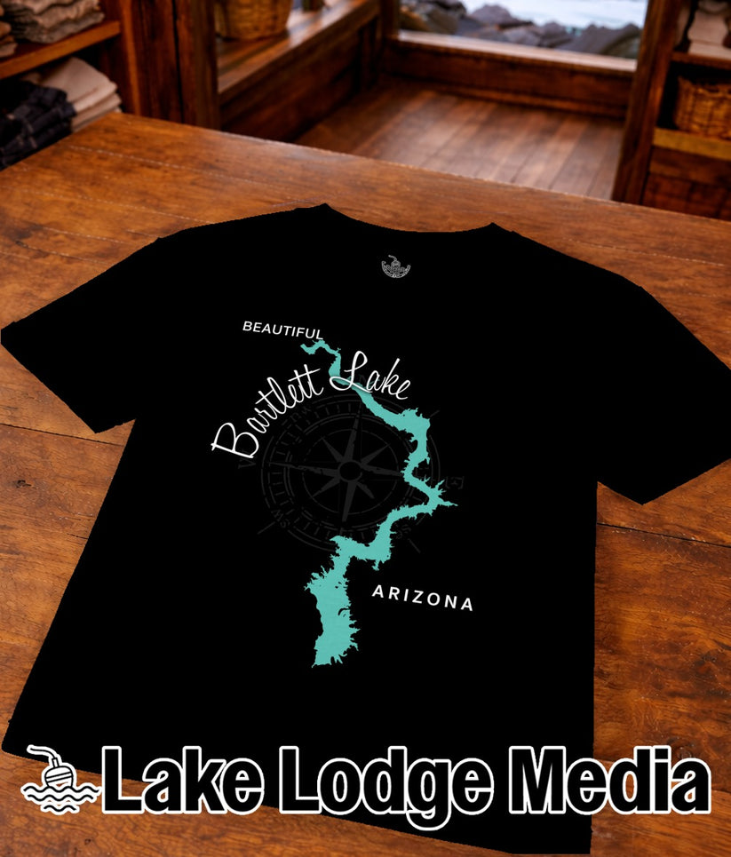Black t-shirt with "Bartlett Lake Arizona" text and compass graphic.