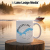 White mug with "Ashokan Lake New York" and compass design on a misty lake background.