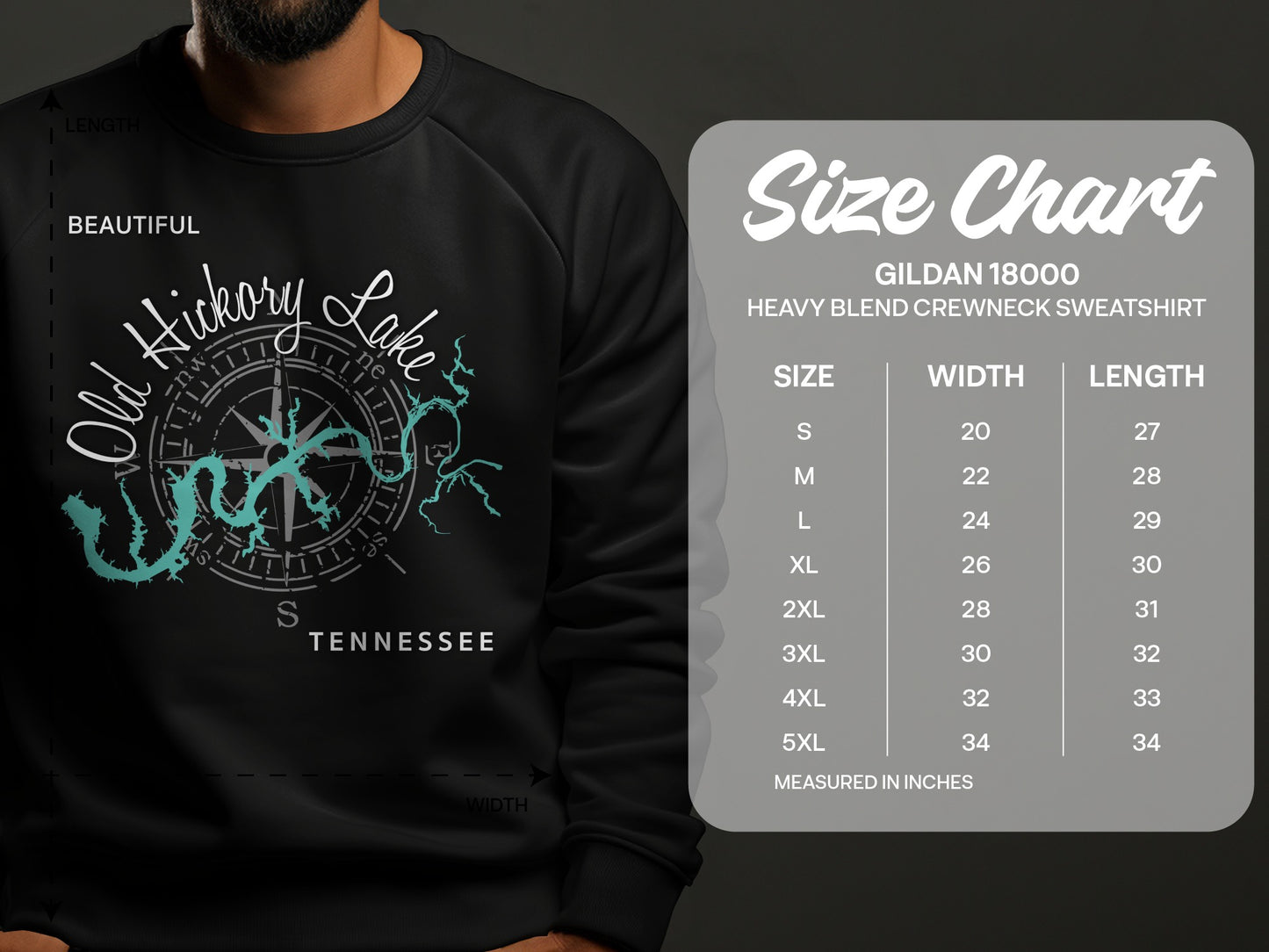 Gildan 18000 sweatshirt size chart with Old Hickory Lake Tennessee graphic.