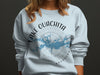 Light blue sweatshirt with a compass graphic and "Lake Ouachita Arkansas" text.