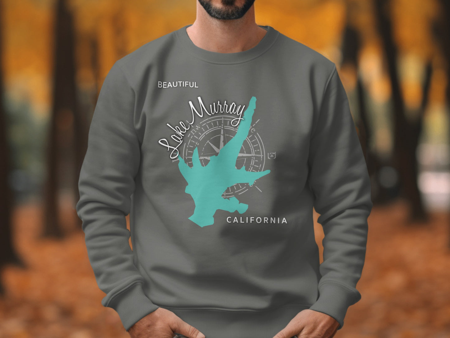 Gray sweatshirt with turquoise Lake Murray California graphic and compass design.