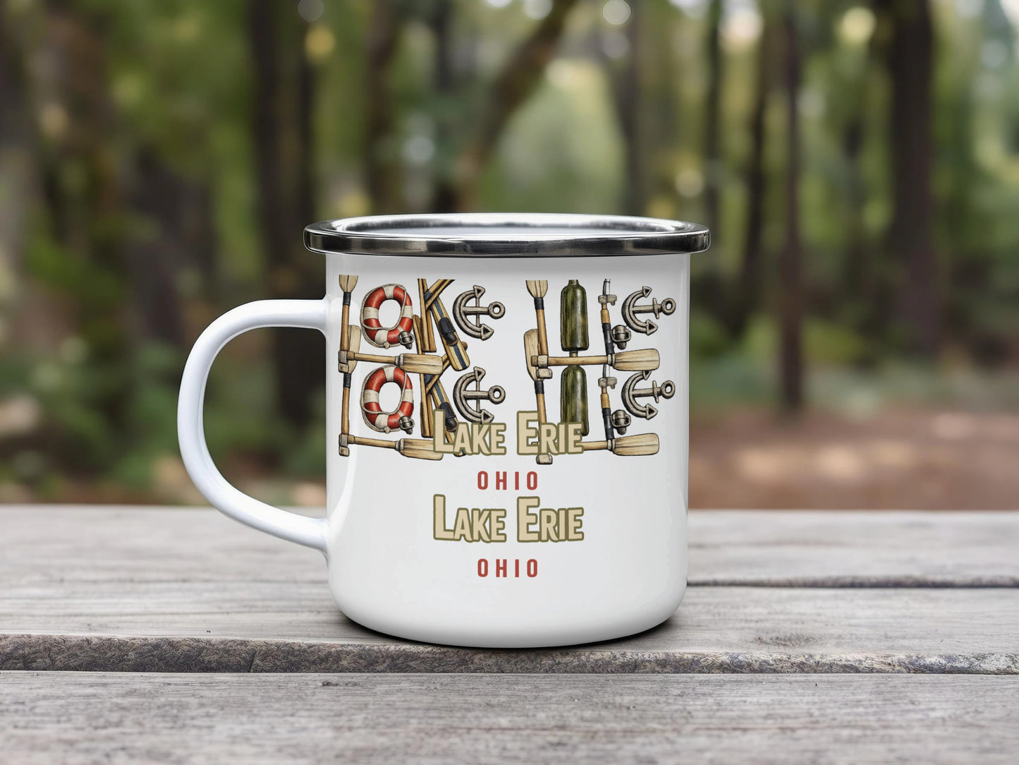 White enamel mug with nautical design and "Lake Erie Ohio" text.