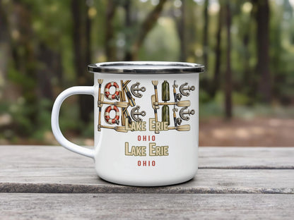 White enamel mug with nautical design and "Lake Erie Ohio" text.