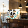 Apache Life sticker with turquoise lake outline and copyright Lake Lodge Media LLC.