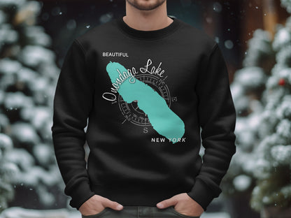 Black sweatshirt with teal Onondaga Lake map and compass design.