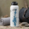 White reusable water bottle with "
