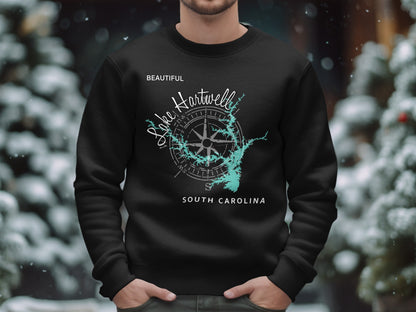 Black sweatshirt featuring a compass rose graphic and map of Lake Hartwell, South Carolina.