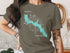 Tourquoise Bass Lake California map graphic on a brown t-shirt.
