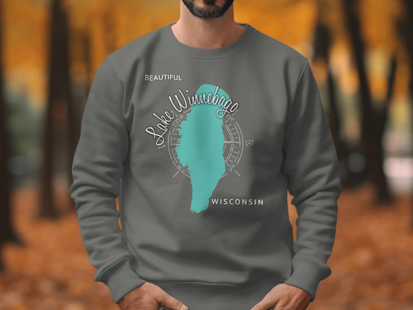 Crewneck sweatshirt with teal Lake Winnebago outline and compass rose.