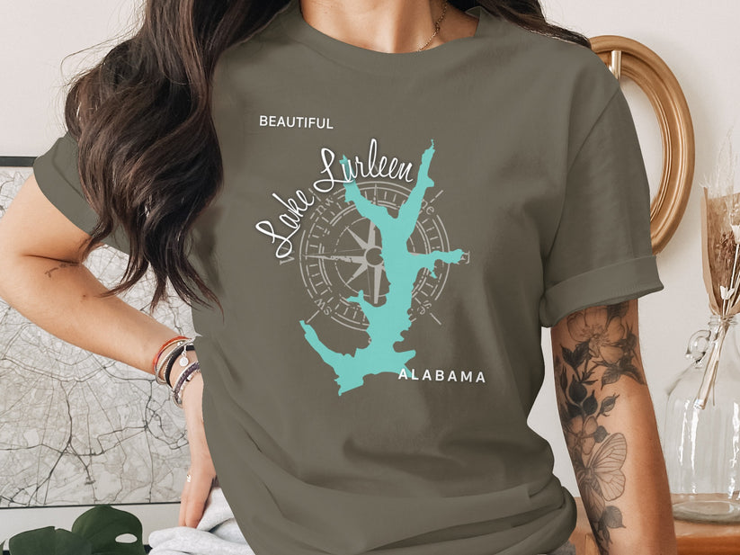 Olive t-shirt with turquoise Lake Lurleen Alabama map and compass design.