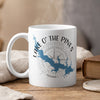 White mug with blue Lake O' The Pines map and compass graphic, text reads "TEXAS".