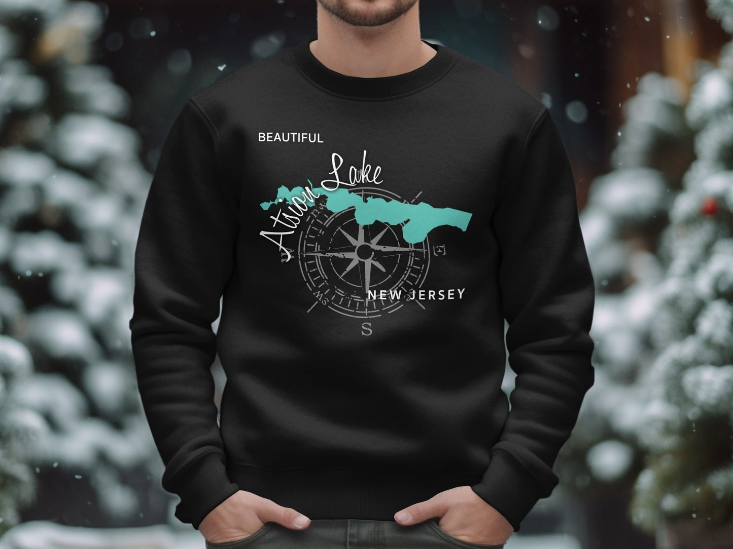 Black sweatshirt with compass design and "Beautiful Aturon Lake New Jersey" text.