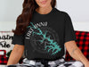 Black t-shirt with turquoise Lake Anna map design and compass rose graphic.