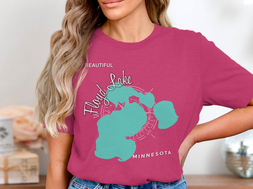 Pink t-shirt featuring a teal map of Floyd Lake with compass rose.