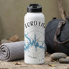 White water bottle with "FORD LAKE" text and blue lake map design.