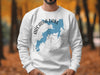 White sweatshirt with blue Arcadia Lake, Oklahoma map and compass graphic.