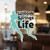 Sticker with teal abstract shape and black text Willow Springs Life.