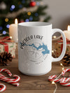 White mug with Pactola Lake, South Dakota map and compass design.
