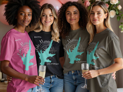 Four women modeling t-shirts with "Lake Murray California" and compass graphic.