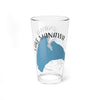 Clear glass pint glass with blue Lake Manawa, Iowa map and compass design.
