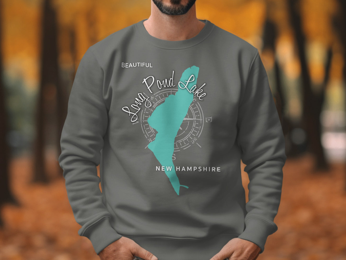 Gray sweatshirt with "Beautiful Long Pond Lake New Hampshire" text and lake outline.
