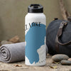 White water bottle with Lake Tahoe map graphic and "CALI" text.
