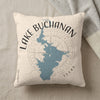 Cream pillow with blue Lake Buchanan map and compass rose graphic.