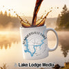 White mug with "Summersville Lake West Virginia" design, coffee pouring.