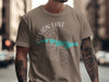 Men's taupe t-shirt with Atsion Lake and compass design, New Jersey.