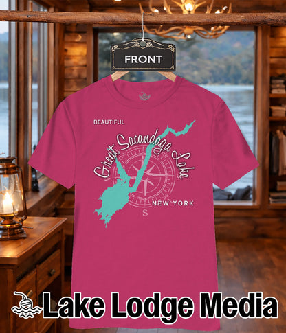 Pink t-shirt featuring a teal map outline of Oneida Lake with compass rose.